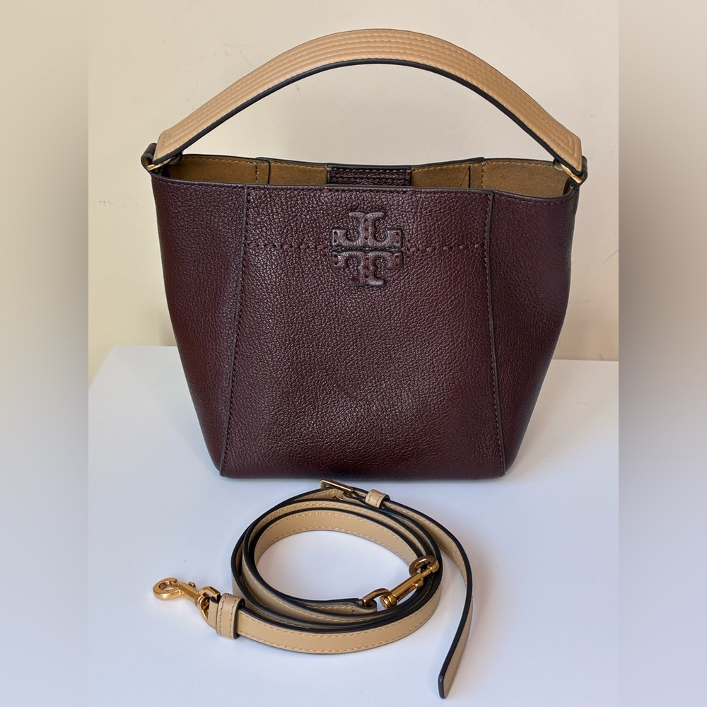 Tory Burch Small McGraw Bucket Bag Maroon Deep Rich Reddish-Brown